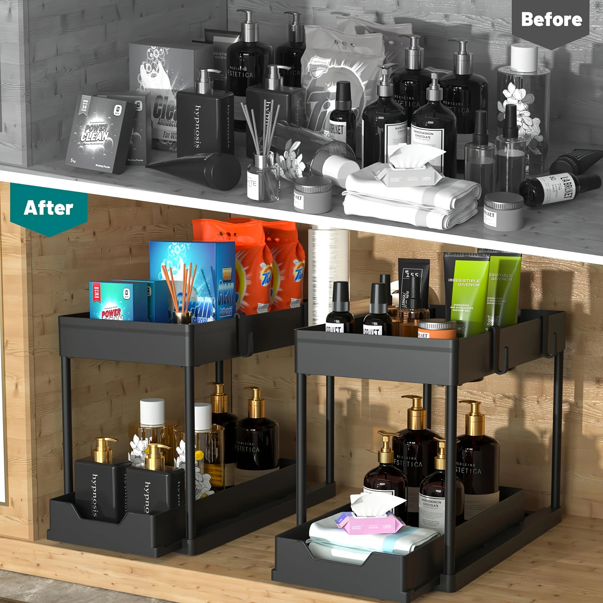 2 Tier Under Sink Sliding Cabinet Basket Organizer Storage Rack with Hooks Hanging Cup Bathroom Multifunctional Storage Rack