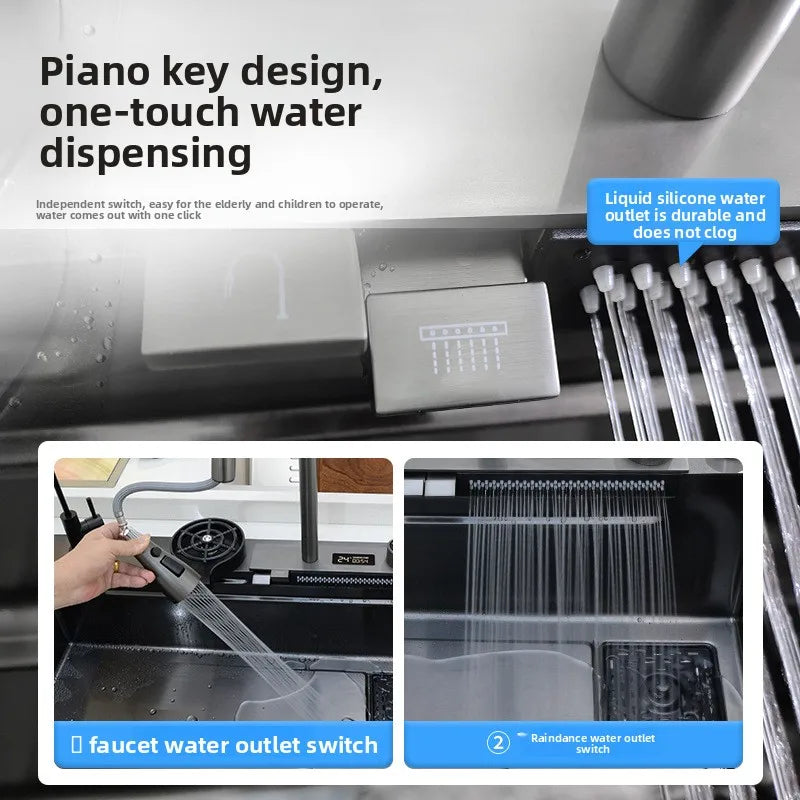 Heavy Duty Stainless Steel Kitchen Sink Large Single Bowl with Display Waterfall Flow Grey Modern Wash Basin for Home Use