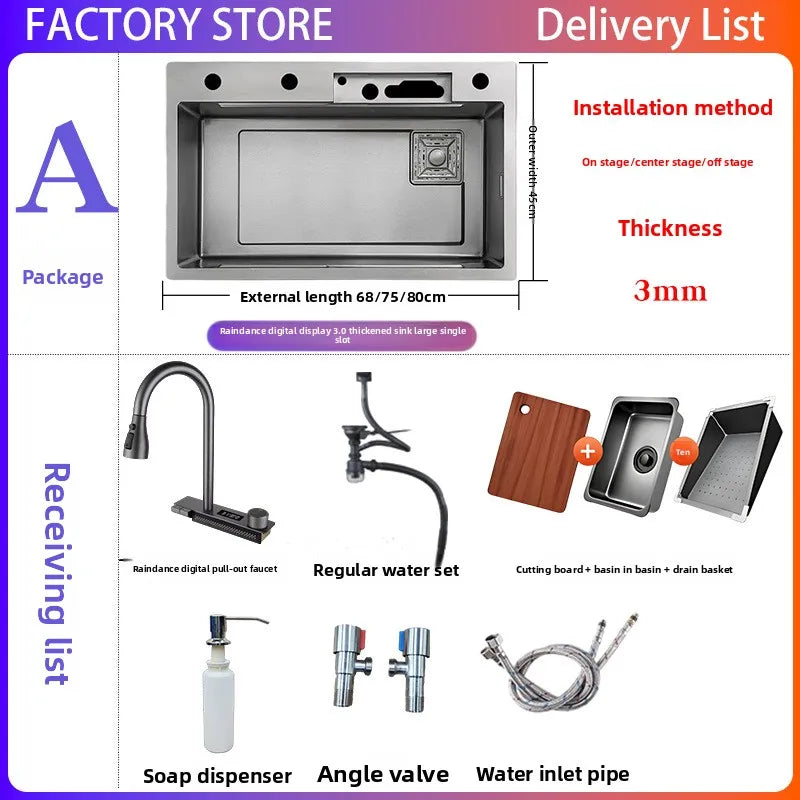 Heavy Duty Stainless Steel Kitchen Sink Large Single Bowl with Display Waterfall Flow Grey Modern Wash Basin for Home Use