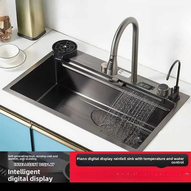 Heavy Duty Stainless Steel Kitchen Sink Large Single Bowl with Display Waterfall Flow Grey Modern Wash Basin for Home Use