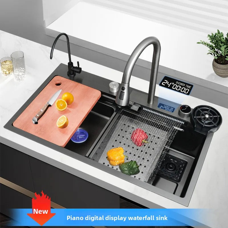Heavy Duty Stainless Steel Kitchen Sink Large Single Bowl with Display Waterfall Flow Grey Modern Wash Basin for Home Use